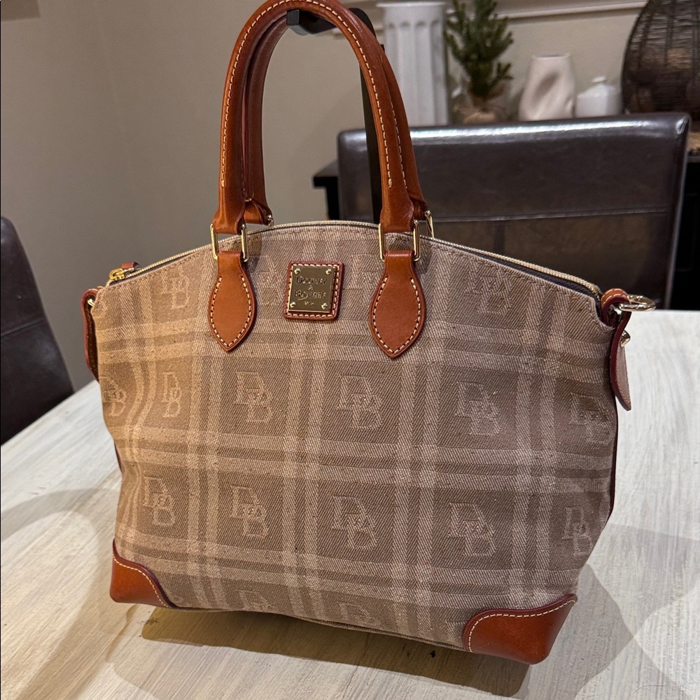 Dooney & Bourke Beige and Brown Tweed Logo Satchel
